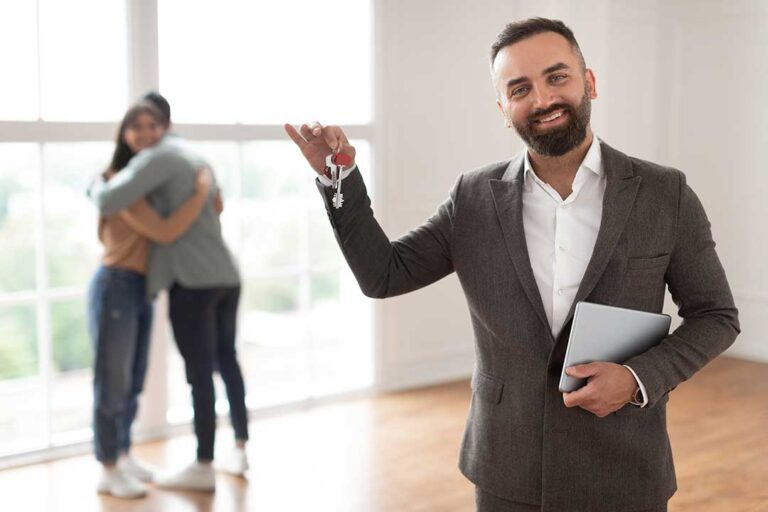 A home inspector examining a basement utility area with a flashlight and clipboard.
